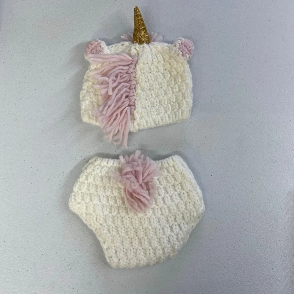 Cloud Island baby white pink crocheted soft unicorn matching set costume outfit